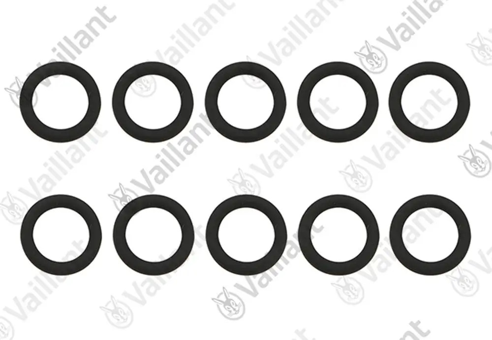 Zehn schwarze O-Ringe der Marke Vaillant, gleichmäßig angeordnet, auf hellem Hintergrund. Ideal für verschiedene Anwendungen in Heizsystemen.